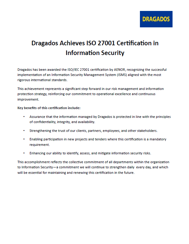 Dragados Achieves ISO 27001 Certification in Information Security